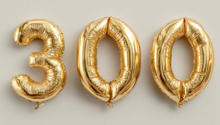 This image presents three golden number balloons forming the number 300. The balloons have a reflective surface and are set against a neutral, light-colored backdrop. The composition is simple, with good lighting, making it suitable for various promotional materials or event-related content. It can be used for birthdays, anniversaries, or special milestones.の素材