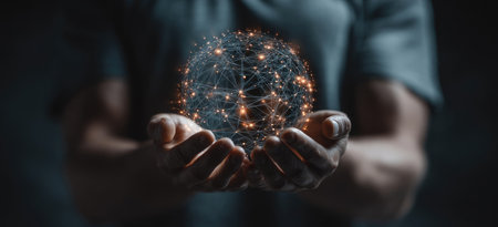 A person cradles a glowing digital sphere within their hands, illuminated against a dark background. The image showcases a network of interconnected points, suggesting communication and technology. The composition uses selective focus and a muted color palette to highlight the central subject, suitable for various business and design applications.の素材