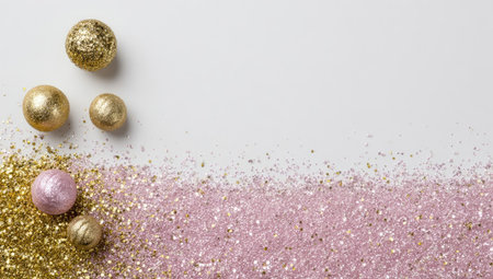 This image features several gold and pink spheres, alongside a generous spread of glitter confetti against a white backdrop. The composition showcases high-angle view with the confetti occupying the lower section, creating a sparkling texture. The overall style is clean and modern, potentially suitable for festive or decorative designs.の素材