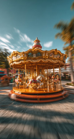 A classic carousel stands prominently, showcasing a gold and orange color scheme against a backdrop of a bright blue sky. The composition emphasizes the carousel structure, featuring ornate details and vibrant tones. This image is suitable for various commercial purposes, including advertising and editorial content.の素材