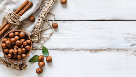 An overhead view reveals a collection of hazelnuts and cinnamon sticks arranged on a white wooden surface. The composition includes a small wooden bowl filled with nuts, accompanied by several individual hazelnuts and a few green leaves. The scene uses natural lighting, with a focus on textures. Suitable for illustrating food, recipes, or general lifestyle themes.の素材