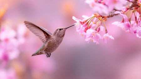 A small hummingbird is captured mid-flight, approaching delicate pink blossoms. The image presents a soft focus, with vibrant colors and a shallow depth of field. This composition suggests a natural setting, possibly in springtime. Suitable for various editorial and commercial applications.の素材