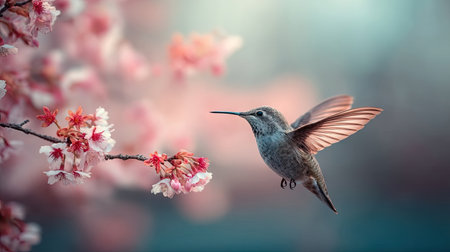 A hummingbird is captured mid-flight near delicate pink blossoms. The image showcases soft textures and a shallow depth of field, with a blurred background. The scene likely takes place outdoors during daylight, offering potential applications in nature and decorative themes.の素材