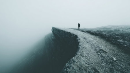 A solitary figure stands atop a rocky cliff enveloped by dense fog. The monochromatic scene emphasizes the textured rock face and the soft, ethereal mist. The image conveys a sense of isolation and wonder, suitable for use in creative projects, travel blogs, or editorial illustrations.の素材