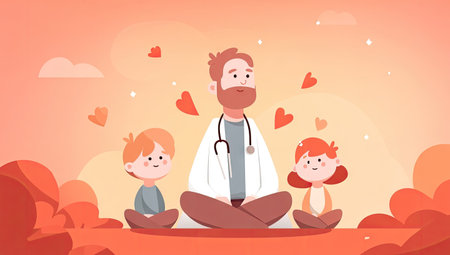 An illustration depicts a healthcare provider sitting with two children outdoors. The scene is rendered in warm tones, featuring stylized trees and floating hearts. The composition has soft lighting and a flat design style. Suitable for educational materials, health campaigns, or general wellness publications.の素材