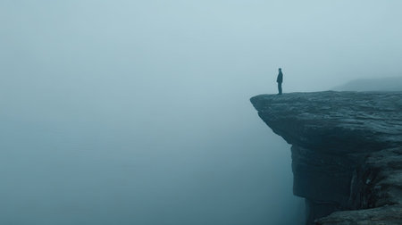 A solitary figure stands at the edge of a cliff, silhouetted against a backdrop of dense fog. The image showcases a muted color palette dominated by blues and grays. The composition uses a high-angle perspective, emphasizing the vastness of the setting. It could be suitable for editorial use or as a conceptual illustration.の素材