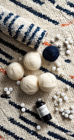 An overhead view displays knitting materials including yarn balls, a partially completed knitted item, and other related items. The composition reveals a variety of textures and colors against a patterned fabric. The scene is brightly lit, suitable for illustrating crafting or textile-related concepts, perfect for commercial use.の素材