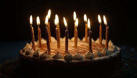 A birthday cake with several burning candles against a dark backdrop is depicted. The cake features a textured surface, possibly frosting, and appears to be placed indoors. Warm light emanates from the candles, providing a contrast to the shadows. This image could be suitable for various celebratory designs or editorial content.の素材