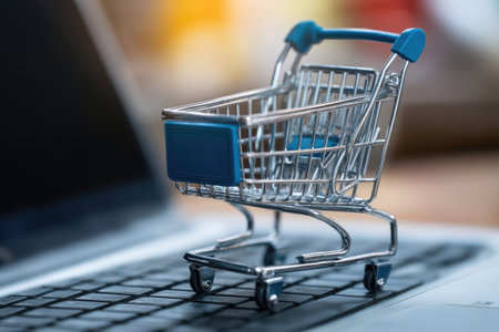 A small metallic shopping cart sits on a laptop keyboard. The cart has blue accents and reflects overhead lighting. The composition suggests an interaction between physical objects and technology. This image is suitable for illustrating concepts related to online shopping and digital commerce, applicable for diverse commercial uses.の素材