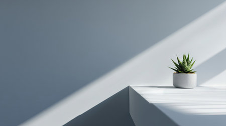 A single succulent plant sits on a white surface, contrasting against a gray wall. Sharp shadows and direct sunlight create a stark, graphic composition. The image's clean lines and modern aesthetic could be used for various commercial purposes, including website design or product displays.の素材