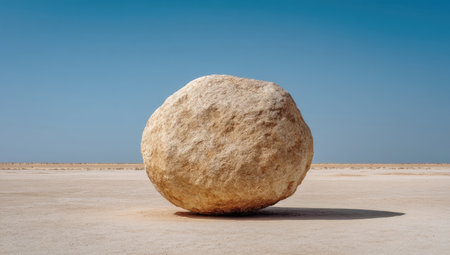 A single, large stone rests on a flat, light-colored surface under a clear blue sky. The stone displays a rough texture and earthy tones. The composition features strong natural lighting, suggesting an outdoor setting. This image could be used for various commercial and editorial applications.の素材