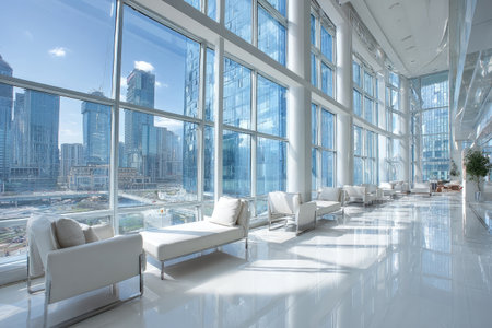 A spacious, contemporary interior showcases large windows framing a cityscape. The composition emphasizes clean lines, abundant natural light, and reflective surfaces. Seating is arranged to provide comfortable views. The image is suitable for architectural, design, or lifestyle projects, and can be used to represent modern living or commercial spaces.の素材
