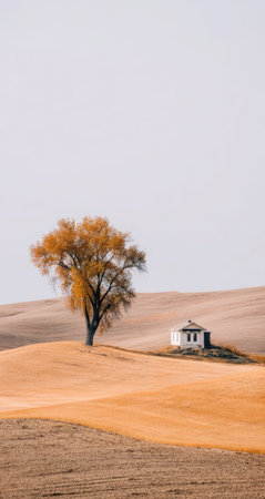 An autumn landscape presents a solitary tree and a small structure atop gently rolling hills. The color palette primarily features warm browns and muted oranges, suggesting a daytime scene. The composition is simple, with ample copy space in the sky, suitable for various commercial and editorial applications.の素材