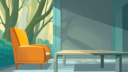 An illustration depicts a modern interior featuring an orange armchair and table. Sunlight streams through a large window, casting shadows on the walls and furniture. The image utilizes bold colors and clean lines, creating a graphic style. The scene suggests a minimalist aesthetic suitable for various design projects.の素材