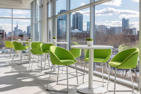 An interior scene showcases green chairs surrounding white round tables. The composition is bright with natural sunlight, highlighting the modern style. Through large windows, a distant cityscape is visible. This image can be used for commercial or editorial content related to design, architecture, and lifestyle.の素材