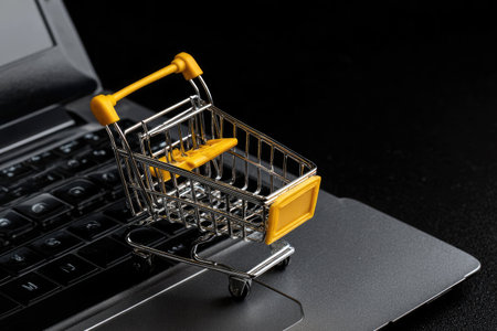 A small shopping cart rests atop a laptop keyboard in this close-up shot. The cart features bright yellow accents against a metallic frame. The composition utilizes low-key lighting against a black background. This image could be used for various commercial purposes related to online shopping and digital transactions.の素材
