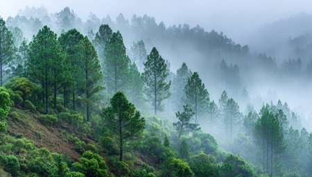 A scenic view displays a hillside covered in evergreen trees shrouded by mist. The photograph showcases shades of green, with a hazy atmosphere creating depth. The composition focuses on natural textures and the interplay of light. Suitable for use in environmental or travel-related publications.の素材