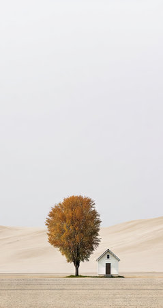 An image showcases a solitary tree with autumn foliage next to a simple white house. The scene is set against a pale, blurred background with a subtle, neutral color palette. The composition creates a feeling of serenity and isolation, suitable for various editorial and commercial applications.の素材