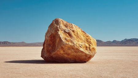 A single, large rock dominates the scene on a dry, cracked earth under a bright blue sky. The rough texture of the stone contrasts with the smooth, barren ground. The lighting appears natural, with a long shadow indicating a low sun. This image could be used for various commercial or editorial projects.の素材