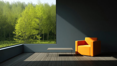 An interior space features an orange armchair and a window showcasing a vibrant green forest. The composition emphasizes natural light and shadow play across wooden flooring and a dark wall. This image could be utilized for various design, lifestyle, and architectural applications.の素材