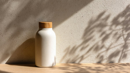 A white bottle with a wooden cap stands against a textured wall, illuminated by natural sunlight. The image showcases soft shadows from foliage, enhancing the minimalistic composition. The neutral color palette and clean lines suggest potential use for lifestyle, wellness, or product presentations and commercial projects.の素材