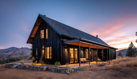 This image showcases a modern house exterior at dusk. The building features dark siding and a prominent roofline, with warm interior lighting visible. The composition emphasizes the contrast of the structure against a colorful sky and surrounding landscape. It may be suitable for architectural, real estate, or lifestyle editorial use.の素材