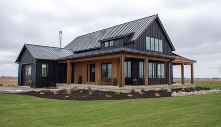 A modern farmhouse features black siding and a dark metal roof. The wooden porch and trim offer a contrasting warmth to the exterior. The composition highlights the architectural design with natural lighting. This image can be used for real estate, architectural, or lifestyle content.の素材