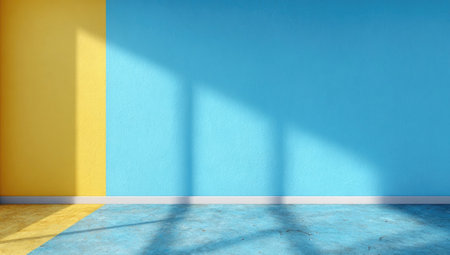 A minimalist interior showcases vibrant blue and yellow walls with cast shadows from an unseen window. The image features a concrete floor and a simple composition creating a sense of space. Suitable for various applications, including design, architecture, and marketing materials.の素材
