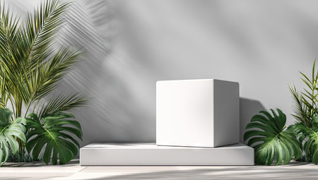 A white cubic display sits atop a rectangular base, set against a neutral wall, enhanced by sunlight and shadows from lush green tropical foliage. The composition features a clean aesthetic with a focus on geometric shapes and natural elements. Ideal for showcasing products in advertising or editorial contexts.の素材