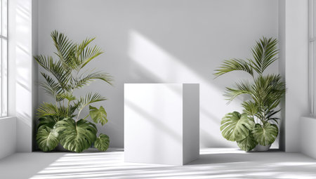 A minimalist composition features a white cube against a white wall, flanked by vibrant green plants. The scene is illuminated by soft, natural light streaming through a window. The image exhibits a clean aesthetic, ideal for showcasing products or presenting concepts in a modern context. It could be used for advertising or editorial content.の素材