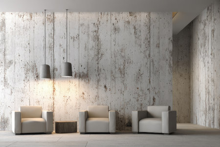 This image showcases a modern interior design featuring three armchairs against a textured concrete wall. The scene is illuminated by pendant lights, casting shadows and highlighting the rough texture. The neutral color palette and minimalist style create a contemporary aesthetic, suitable for various editorial and commercial applications. The composition emphasizes space and form.の素材
