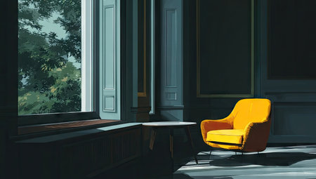 An inviting interior scene features a bright yellow armchair set against a large window. The artwork showcases a modern style, with bold color blocking. The composition suggests a tranquil indoor setting, bathed in indirect light. Suitable for various design projects and commercial applications.の素材