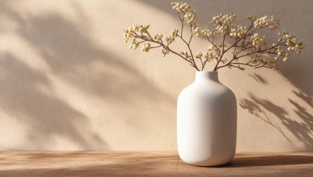 A close-up captures a white vase containing small, light-colored flowers. The arrangement is set against a warm, neutral-toned wall with subtle shadows. Soft lighting and a shallow depth of field emphasize the textures and forms, suggesting a calm indoor scene. Suitable for lifestyle, home decor, or design-related projects.の素材