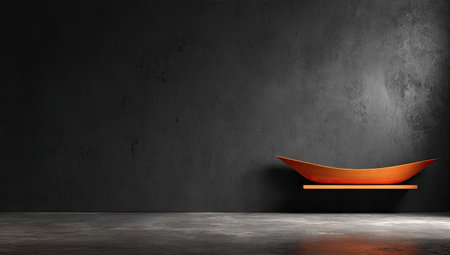 An interior composition presents a wooden boat-shaped shelf against a dark textured wall. The scene is illuminated by a single light source, creating dramatic shadows and highlighting the object's form. Suitable for commercial projects, this image offers a clean, modern aesthetic perfect for design concepts.の素材