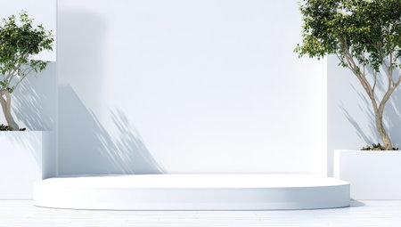A minimalist composition showcases a white circular stage with two trees on both sides. The scene features clean lines, soft shadows, and a bright color palette. This image is suitable for product display, advertisement backgrounds, and presentation materials. It is ideal for creative projects needing a modern backdrop.の素材