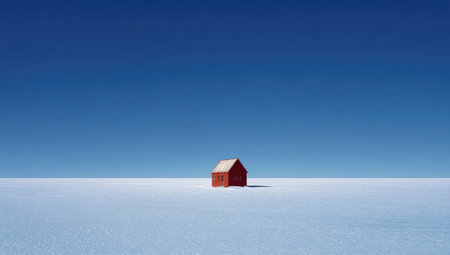 A small red house is situated on a white plane under a vast, cloudless blue sky. The image showcases a minimalist style with clean lines and vibrant colors. It features a bright day and a sense of isolation, making it suitable for various commercial or artistic projects.の素材