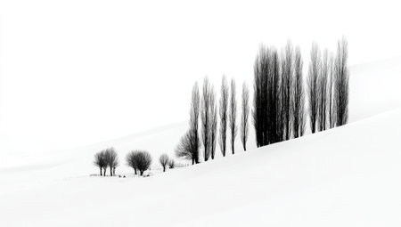 This black and white image displays a serene landscape with silhouetted trees. The trees are positioned on a slightly inclined plain, and the high-contrast aesthetic lends a minimalist appeal. The composition emphasizes simplicity, possibly suitable for editorial use or as a decorative element with potential for digital applications.の素材