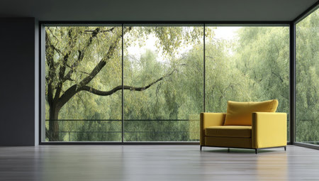 A contemporary interior features a bright yellow armchair set against a large window framing a lush green landscape. The composition utilizes clean lines and neutral tones, with soft natural lighting illuminating the scene. Ideal for illustrating themes related to interior design, comfort, or the connection between nature and living spaces.の素材