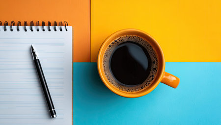 A top-down composition presents a notebook with a pen and a mug of coffee. The coffee mug is positioned beside the open notebook. The scene is brightly lit with a vibrant color palette of orange, yellow, and blue. This image could be used for various commercial projects related to office, breakfast, and lifestyle.の素材