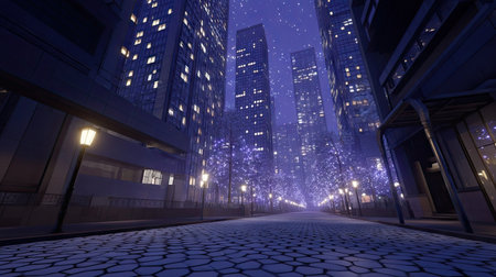 A nighttime cityscape features towering skyscrapers with glowing windows, creating a sense of urban density. The image showcases a perspective down an empty street lined with streetlights and stylized trees. The color palette emphasizes cool blues and purples. This image is suitable for illustrating concepts related to architecture or city development.の素材