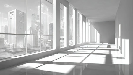 An interior shot features a bright, modern office space with large windows overlooking a cityscape. The composition showcases geometric lines and a clean aesthetic. Sunlight streams through the windows, creating strong shadows and highlighting the architectural details. This image is suitable for commercial uses related to business or design themes.の素材