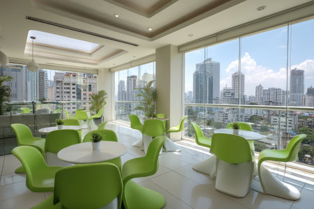 A well-lit restaurant interior features green chairs and tables arranged for dining, set against expansive windows overlooking a cityscape. The composition showcases a modern architectural style with clean lines and a bright, airy atmosphere. This setting is suitable for various commercial uses, including promoting hospitality or design.の素材