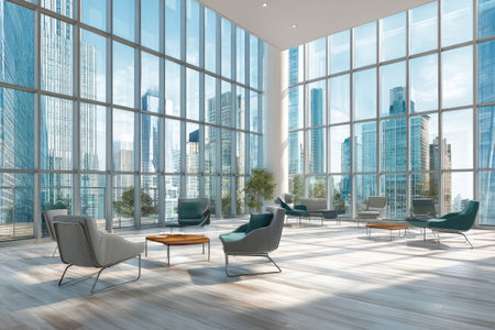 An open and airy interior showcases a modern lobby setting. Large windows provide extensive views of a city skyline bathed in daylight. The scene features contemporary furniture, highlighting a sense of space. Suitable for architectural, corporate, and design concepts, it could be used in various commercial applications.の素材
