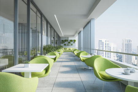 An outdoor cafe setting features green chairs and white tables arranged in a row. The contemporary design showcases glass walls and a balcony offering a view of city buildings. The scene utilizes natural lighting to illuminate the space, suggesting a calm environment suitable for commercial applications.の素材