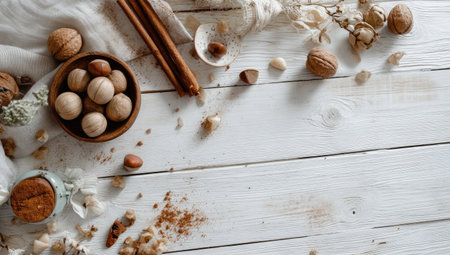 An overhead view displays various nuts and spices scattered on a white wooden surface. The composition includes walnuts, hazelnuts, cinnamon sticks, and small bowls. The image features natural lighting, warm tones, and a rustic aesthetic. This image is suitable for culinary, health, and lifestyle content.の素材
