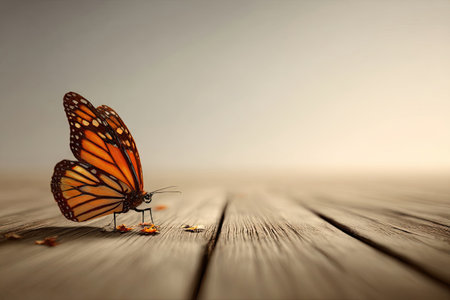 A monarch butterfly with orange and black wings is perched on a wooden surface. The image features a shallow depth of field, with a soft, blurred background. The butterfly is in the foreground, bathed in natural light. Suitable for various editorial and commercial applications.の素材