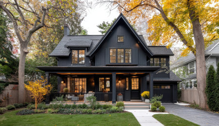 A dark painted two-story house is showcased against the backdrop of trees with golden leaves, creating a blend of architectural design and natural elements. The composition features a symmetrical facade, with the entrance highlighted by a porch. This image would be suitable for architectural, real estate, or lifestyle-themed projects.の素材