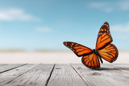 An orange butterfly is resting on a weathered wooden plank, its wings spread. The vibrant insect contrasts with the neutral tones of the wood, set against a blurred background suggesting a bright, cloud-filled sky. This image may be suitable for various commercial uses, including advertising and editorial projects.の素材