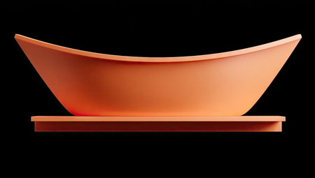 An orange bathtub is showcased against a black background. The modern design presents smooth curves and a minimalist aesthetic. Soft lighting highlights the object's form, and the image employs a clean, simple composition. Suitable for design, lifestyle, or conceptual purposes.の素材