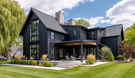 This image showcases a modern two-story residence with black siding and a metal roof. The architecture features large windows and a covered patio. The exterior is surrounded by a well-maintained green lawn and trees. Suitable for real estate advertising or illustrating architectural design concepts, this image offers a clean, contemporary aesthetic.の素材